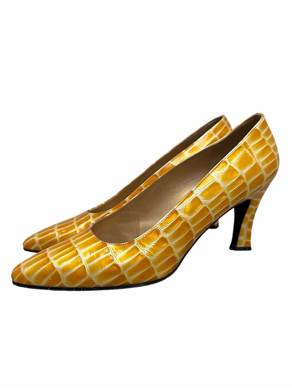 VTG 90s Y2K Stuart Weitzman yellow faux croc embossed old money high heels 8.5 B